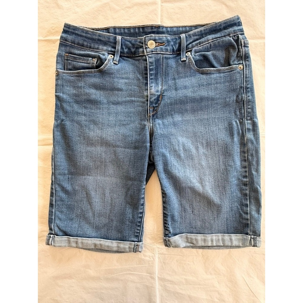 Levis Denim Bermuda Shorts Womens 29 Blue Excellent Cuffed Mid Rise Mid Wash